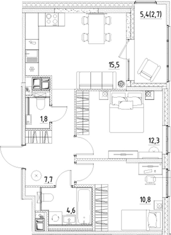 2-комнатная квартира 55.4 м², 12/12 эт., ЖК «Янила Форест»